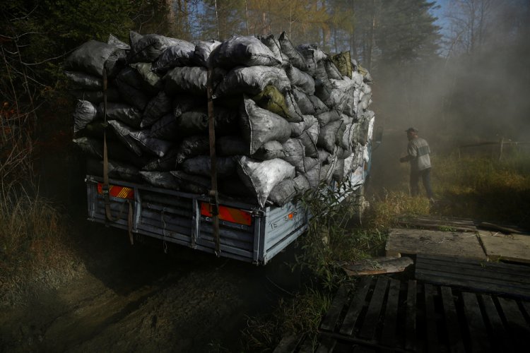 Производство древесного угля в горном лесу Польши Производство древесного угля в горном лесу Польши