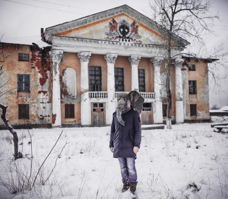 Печальный Instagram человека с головой слона Печальный Instagram человека с головой слона