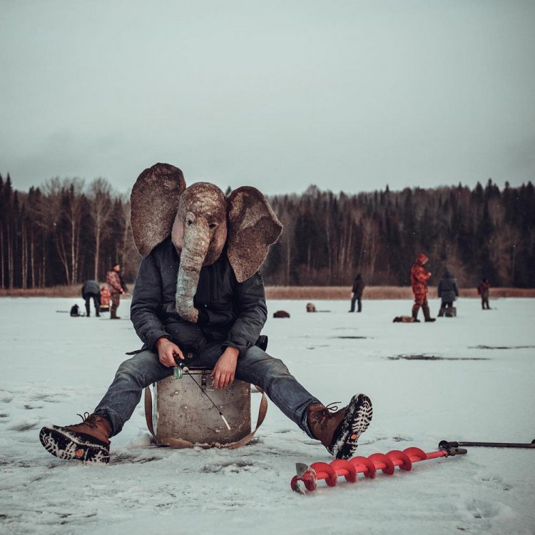 Печальный Instagram человека с головой слона Печальный Instagram человека с головой слона
